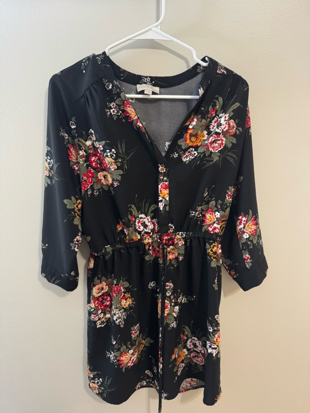 LOFT Black Floral Long Sleeve Drawstring Dress